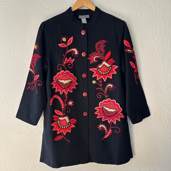 INDIGO MOON Womens Boho Floral Embroidered Jacket Size L Crochet Artsy Black Red - Picture 1 of 8
